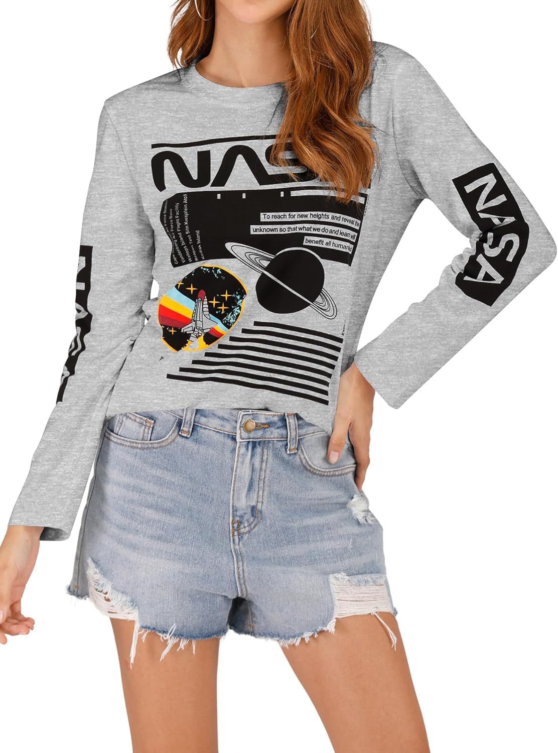 Women Long Sleeve Crew Neck NASA Letter Print NASA Shirt Blouse Sweatshirt