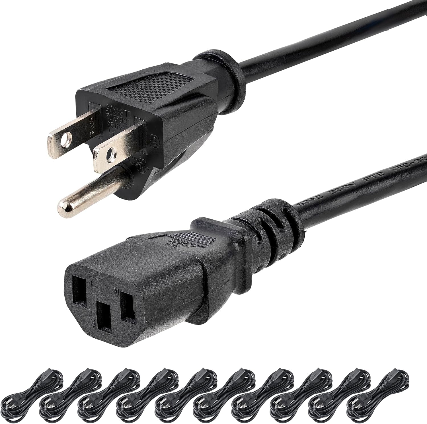 10Ft (3M) Computer Power Cord, NEMA 5-15P to C13, 10A 125V, 18AWG, 10 Pack, Black Replacement AC Power Cord, Printer Power Cord, Monitor/Pc Power Supply Cable - UL Listed (PXT1011010PK)