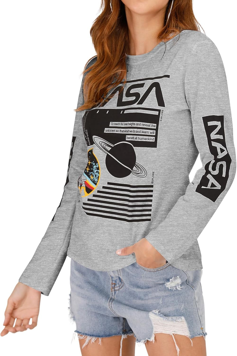 Women Long Sleeve Crew Neck NASA Letter Print NASA Shirt Blouse Sweatshirt