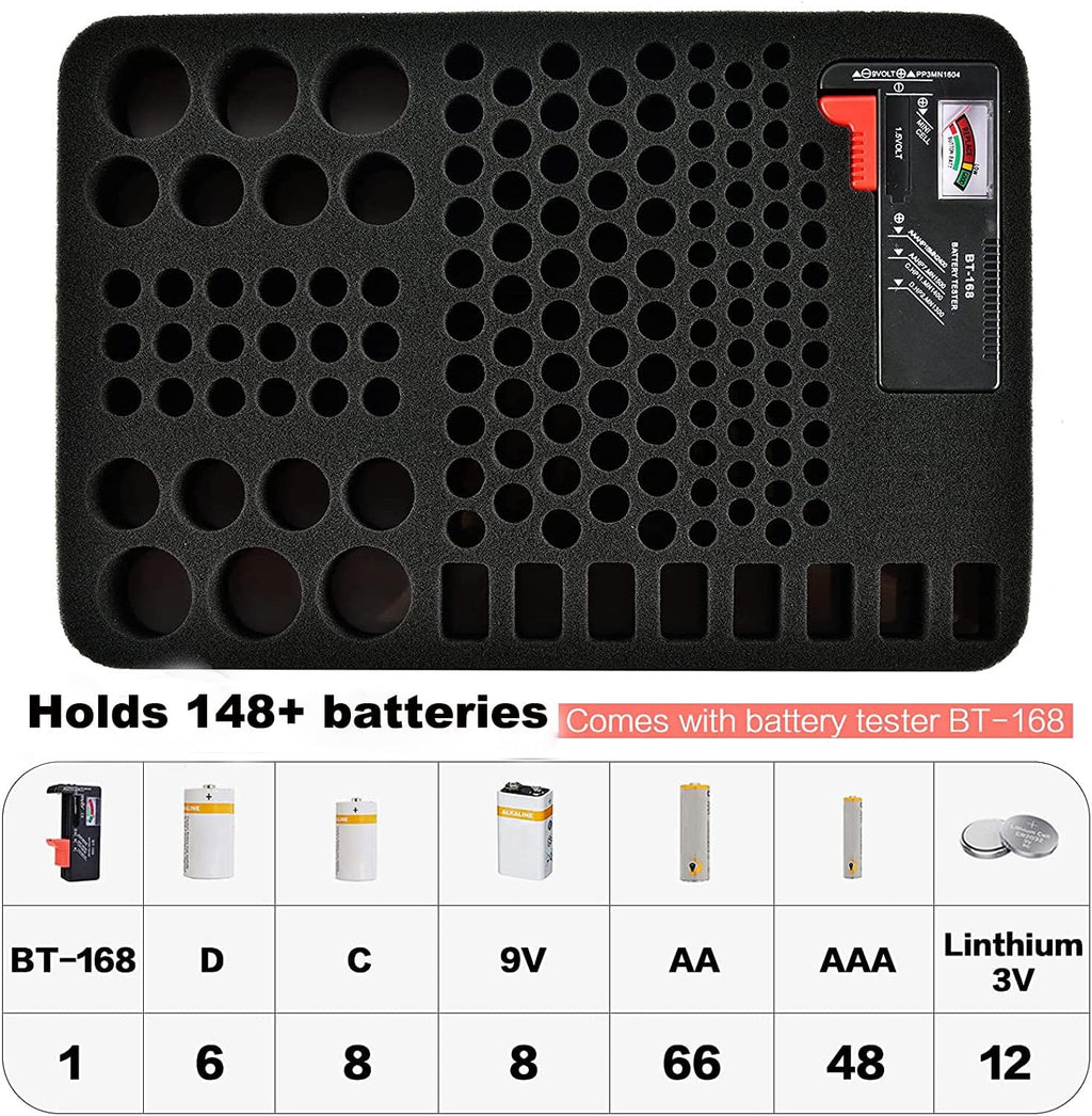 Hard Battery Organizer Storage Box, Carrying Case Bag Holder - Holds 148 Batteries AA AAA C D 9V - with Battery Tester BT-168 (Batteries Are Not Included)