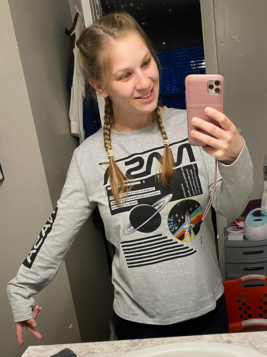 Women Long Sleeve Crew Neck NASA Letter Print NASA Shirt Blouse Sweatshirt